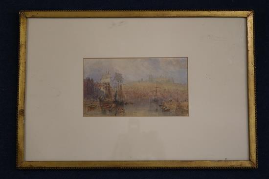 George Weatherill (1810-1890) Shipping in Whitby Harbour, the abbey beyond, 4.5 x 8in.